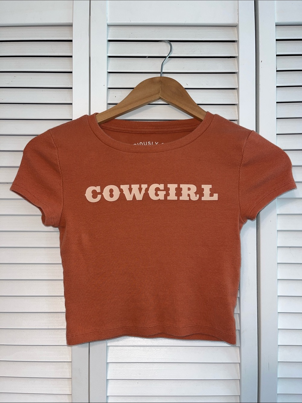 Aeropostale Rust Orange 'COWGIRL' Ribbed Short Sleeve Crop Top